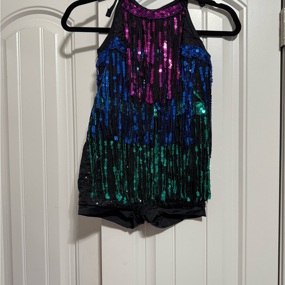 Weissman Black, Pink, Blue, and Green Sequin Fringe Dance Costume